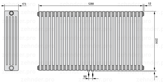 Схема (чертеж) Радиатор Zehnder Charleston 5220/28 №5410 Белый глянцевый RAL 9016